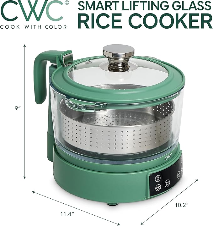 COOK WITH COLOR 3L Glass Low Carb Rice Cooker - Makes 6 Cups Low Sugar Rice with Auto Lift Filter Basket, Hotpot & Steamer for Rice, Grains and Oats, Digital Panel with Keep Warm Function, Dark Sage