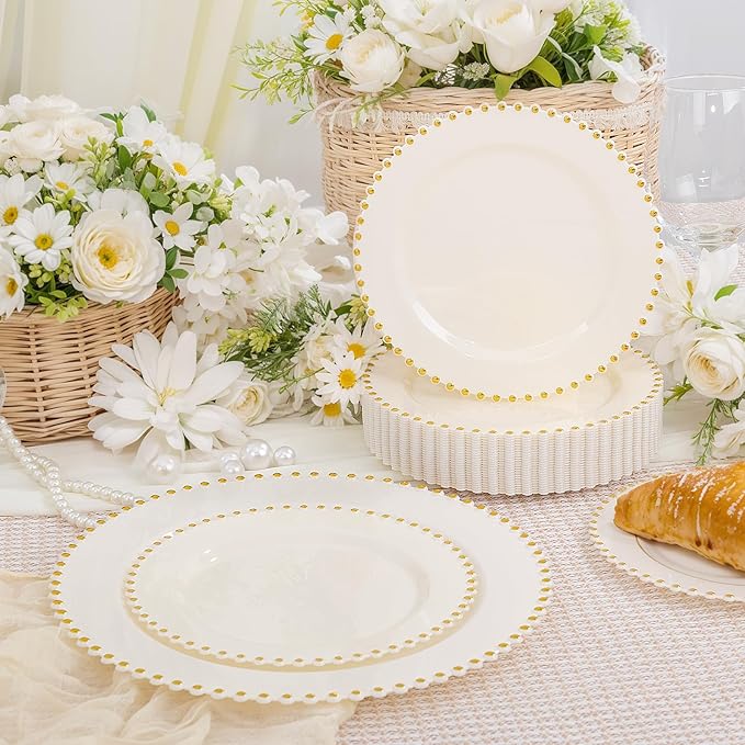 supernal 100pcs Ivory Plastic Plates with Gold Beads - Heavy Duty Elegant Disposable Plates Set Include 50 Cream Plastic Dinner Plate and 50 Dessert Plate Perfect for Wedding, Birthday & Party