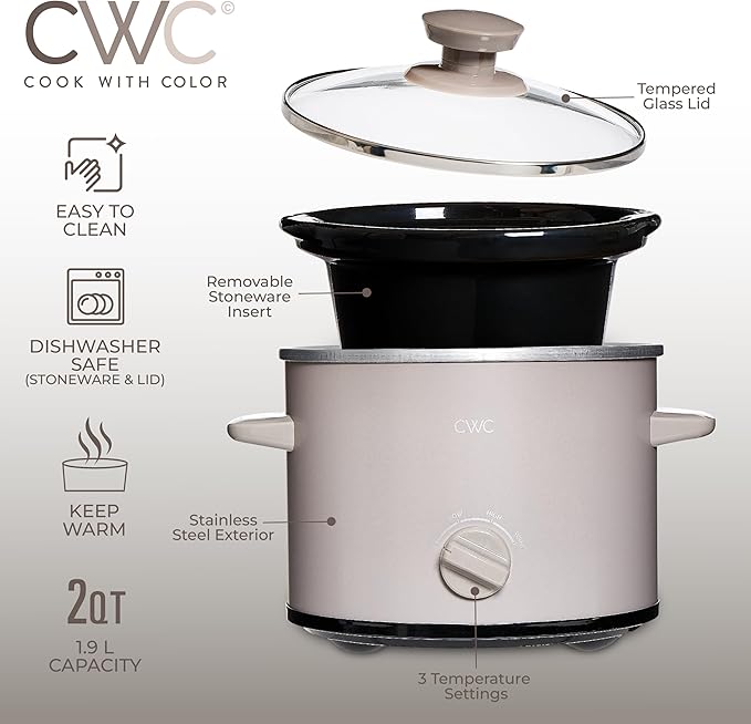 COOK WITH COLOR 2QT Mini Electric Round Slow Cooker - Adjustable Settings, Removable Stoneware Pot, Tempered Glass Lid, Dishwasher Safe, Cool-Touch Side Handles, Greige