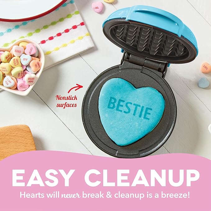 DASH x Sweethearts® Mini Waffle Maker - 4” Waffle, Heart Shaped Waffle, Nonstick Waffle Iron with Quick Heat-Up, Perfect Mini Waffle Maker for Kids and Families, Valentines Day - Bestie (Blue)