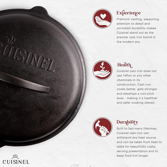 Cuisinel Cast Iron Lid - Fits 12"-Inch / 30.48-cm Lodge Skillet Frying Pans or Braiser + Silicone Handle Holder + Care Guide - Pre-Seasoned Replacement Cover - Indoor/Outdoor, Oven, Fire, BBQ Safe