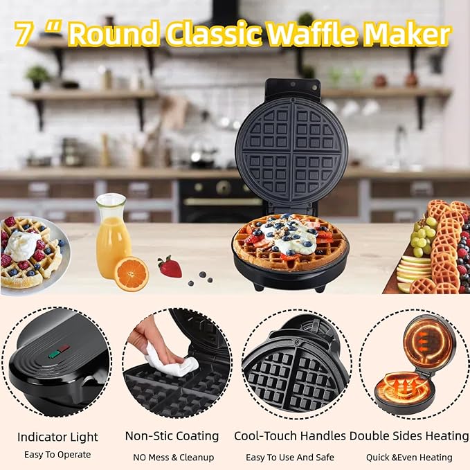 Round Classic Waffle Maker-Belgian Waffle Maker With Nonstick Surface For Easy Cleaning - Great Holiday Gift