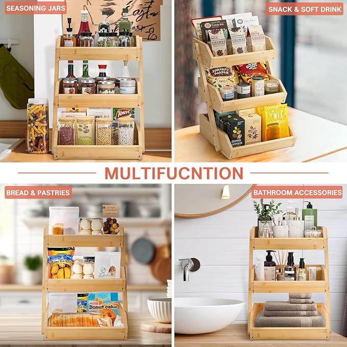 G.a HOMEFAVOR Bamboo Fruit Basket, Fruit Organizer for Kitchen Counter, Vegetable Storage Stand, 15 mm Thickness (Self-assembly)