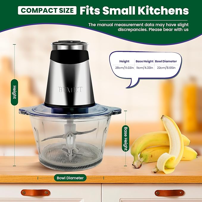 Electric food processor vegetable chopper 500W 2x8cup bowls 2 bi-layer 4 blades Small Food chopper Electric Meat grinder for home use,Mincing, and Puree for kitchen aid, baby foot, pet food by BUMET
