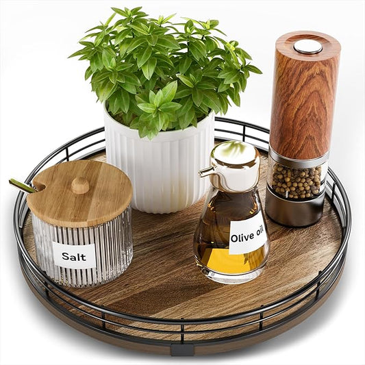 Acacia Wood 10" Lazy Susan Turntable Organizer for Table Top, Farmhouse Round Wooden Lazy Susan for Cabinet Kitchen Centerpieces Coffee Table, for Condiments Spices, Bathroom Vanity Tray Decor