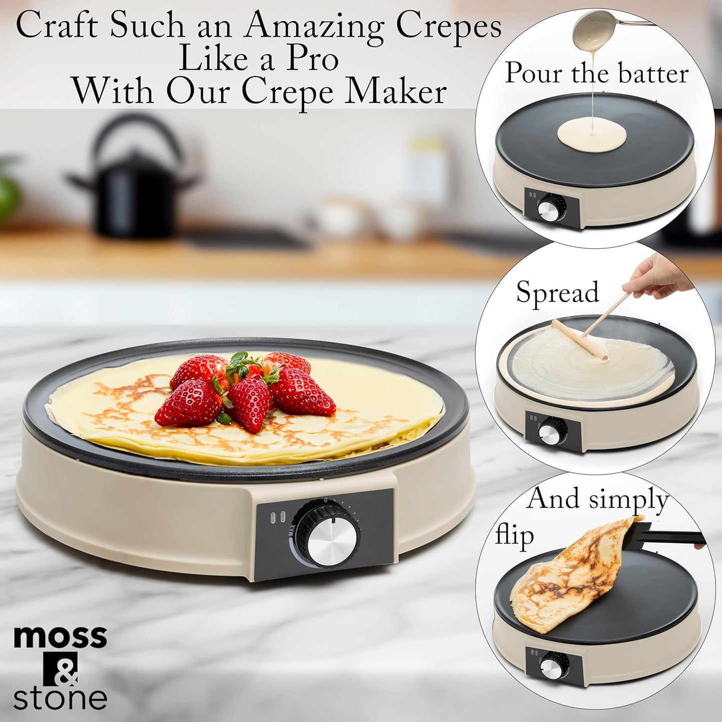 Moss & Stone Beige 12 Inch Electric Griddle & Crepe Maker Machine. Electric Crepe Maker with Adjustable Temperature for Blintzes Pancakes & Tortilla, Non-Stick Crepe Pan & Batter Spreader & Spatula
