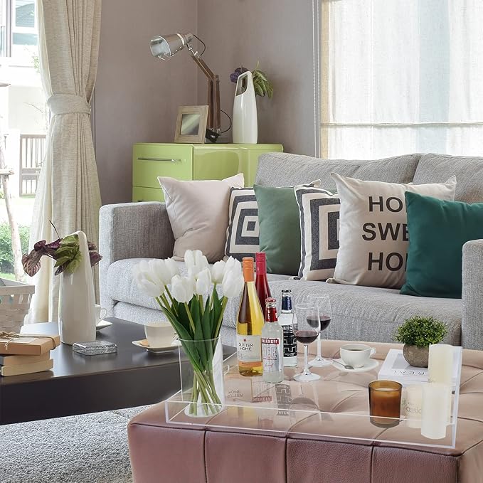 22×22 Inches Oversize Extra Large Sturdy Clear Acrylic Serving Tray King Size Decorative Big Ottoman Trays with Cut Out Handles Water Proof Bed Tray Coffee Counter Top Organizer