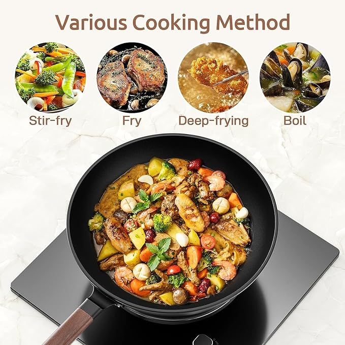 Carbon Steel Wok - Including Glass Cover and Silicone Spatula, 13-Inch Woks & Stir-Fry Pans for Induction, Electric, Gas Stoves