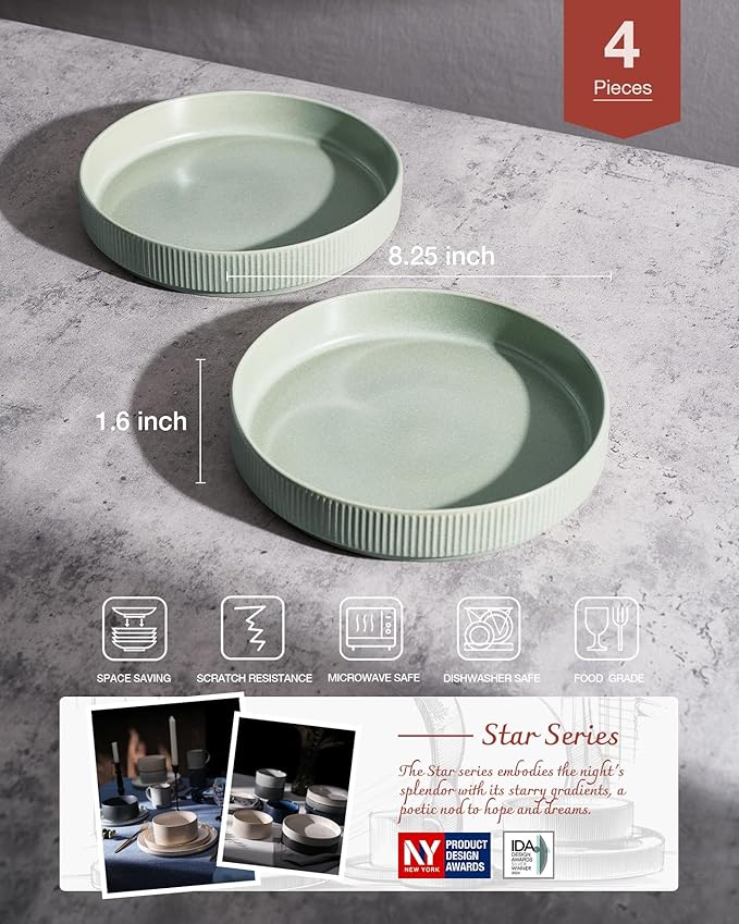 famiware Star 8.25" Pasta Bowls, Large Dinner Bowls Set of 4, Salad Bowl Plates, Shallow Bowls for Eating, Light Green