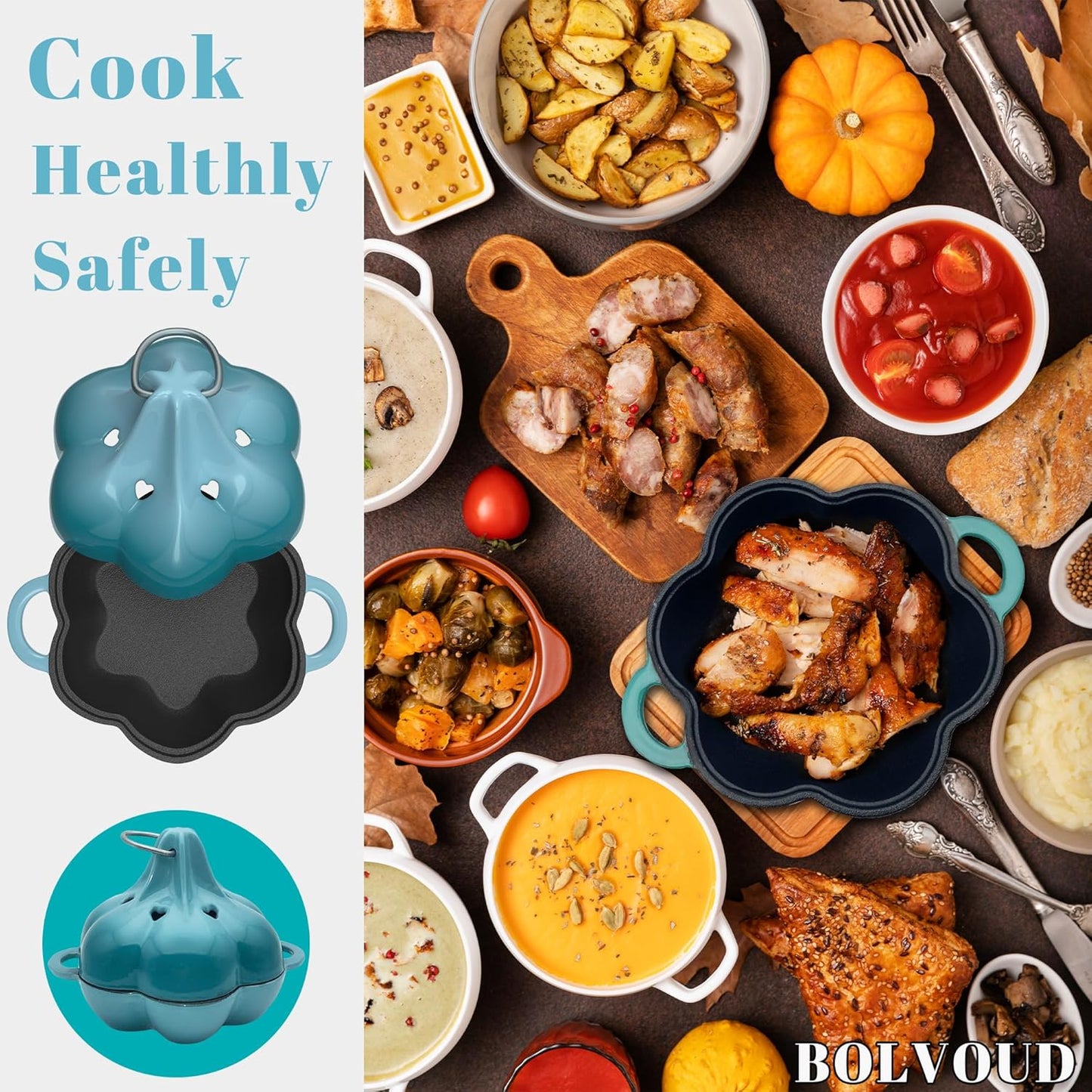 Enameled Cast Iron Smoker Roaster & Garlic Roaster Baker, Multi-Functional Box for Gas/Pellet/Charcoal Grills, Oven & Wood Stove, Enameled Dutch Oven Style Cookware, Enamelled Cooking Pot