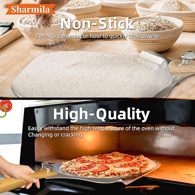Sharmila Pizza Peel 12 Inch, Aluminum Pizza Paddle with Foldable Wooden Handle,Pizza Rocker Cutter,and Metal Pizza Spatula-Ideal for Family Pizza Oven Baking,Dough,Bread & Pastry