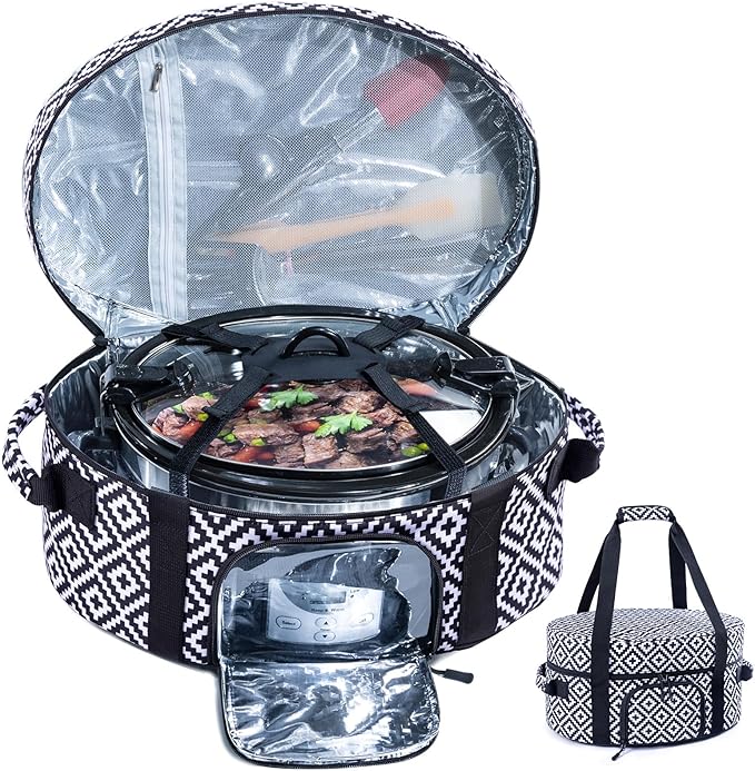Insulated Slow Cooker Carrying Bag for 6-8 Quart CrockPot and Hamilton Beach Slow Cooker with See-thought Window, Portable Carrier Case with Adjustable Band and Accessory Pocket