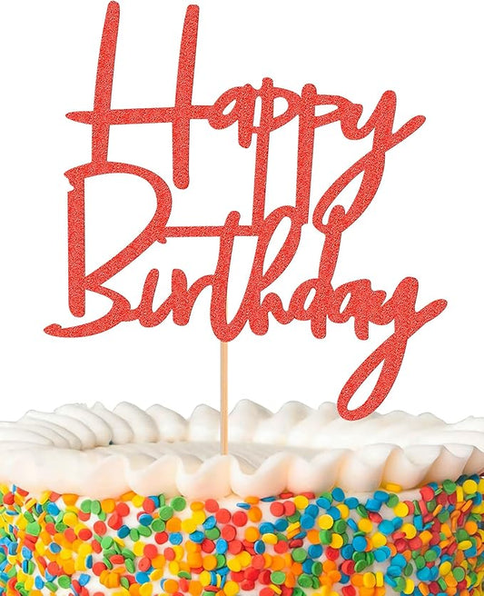 Happy Birthday Cake Topper - Glitter Red Birthday Cake Top Decorations (Red)