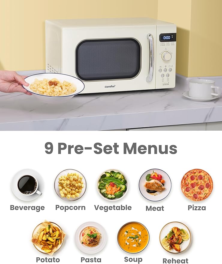 COMFEE' Retro Small Microwave Oven With Compact Size, 9 Preset Menus, Position-Memory Turntable, Mute Function, Countertop Perfect For Spaces, 0.7 Cu Ft/700W, Cream, AM720C2RA-A