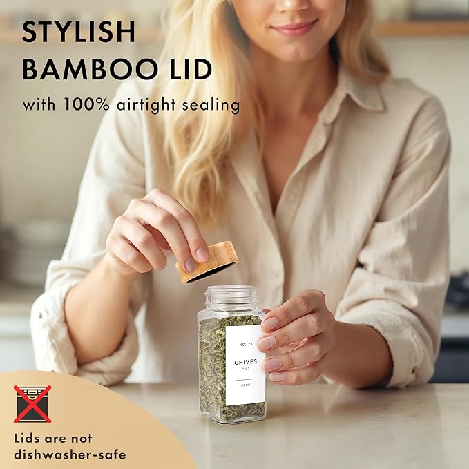 Square Spice Jars with Bamboo Wooden Lid (Pack of 24) Spice Jars with Shaker Insert and 240 Labels - Bamboo Lid Glass Container for Spice Organisation [4.3 in × 1.8 in]