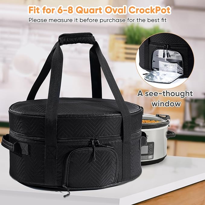 Insulated Slow Cooker Carrying Bag for 6-8 Quart CrockPot and Hamilton Beach Slow Cooker with See-thought Window, Portable Carrier Case with Adjustable Band and Accessory Pocket