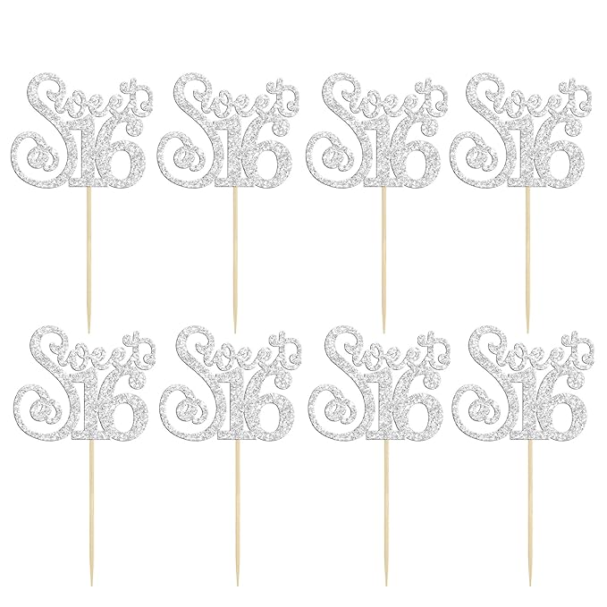 Gyufise 24 Pack Happy Sweet 16 Cupcake Toppers Glitter Sixteen 16th Birthday Cupcake Picks Cheers to 16 Years Old Cupcake Decorations for 16th Birthday Anniversary Party Cake Supplies Silver