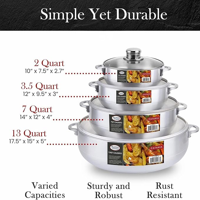Alpine Cuisine Premium 8-Piece Nonstick Aluminum Caldero Set with Lids | Versatile Pots for Stews, Rice & Soups in 2, 3.5, 7, 13 Quart Sizes | Silver
