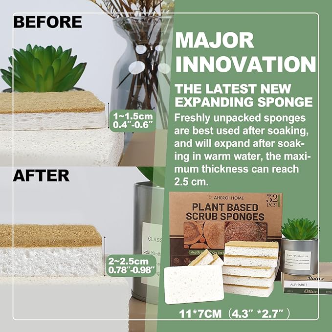 Aheroi Natural Dish Sponge, 32 Count Plant-Based Biodegradable Compostable Kitchen Sponges for Dishes Bulk, Organic Eco Friendly Cleaning Sponge for Bathroom, Household, Non Scratch Non Toxic