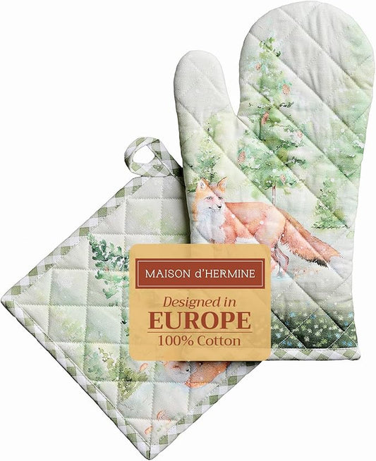 Maison d' Hermine 100% Cotton Oven Mitt & Pot Holder Set (7.5"x13" & 8"x8") Heat Resistant BBQ Cooking Gloves with Loop, Baking, Grilling, Kitchen, Handling Hot Pans (Winter Mornings)