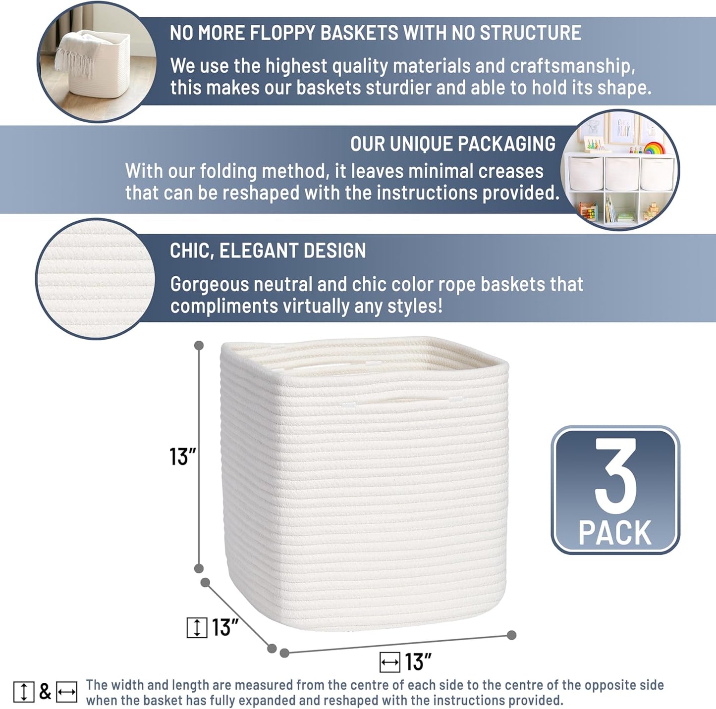 NaturalCozy 13 Inch Cube Storage Bins Cotton Rope Woven Baskets for Organizing 3-Pack | 13 x 13 Storage Cubes | Fabric Square Storage Baskets for Shelves Organizer, Kids Toy Bins, Closet Baby Nursery