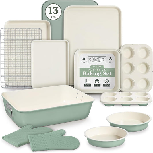 Country Kitchen Nonstick Stackable Bakeware Set - Deluxe Heavy Duty, Durable, Easy Release Baking Set, Sage, 13 Pcs with Handles