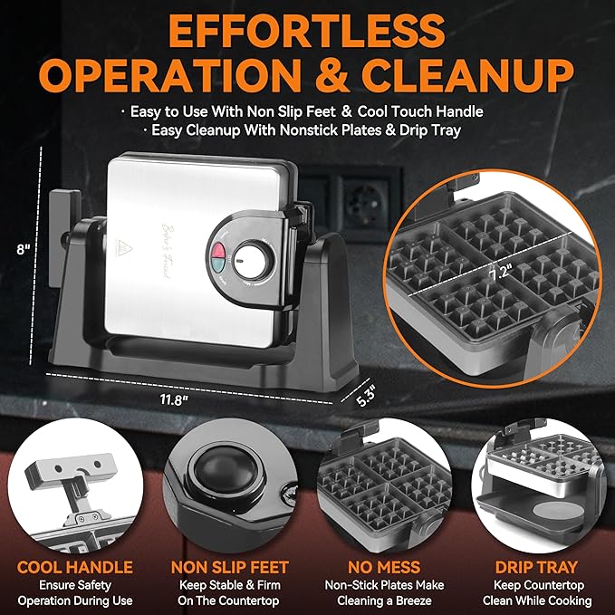 Baker's Friend Mini Waffle Maker Flip, Belgian Waffle Maker Thick, Rotating Waffle Maker with Browning Control, Waflera Electrica, Waffle Irons Non Stick Surface, With Recipe & Brush, Stainless Steel