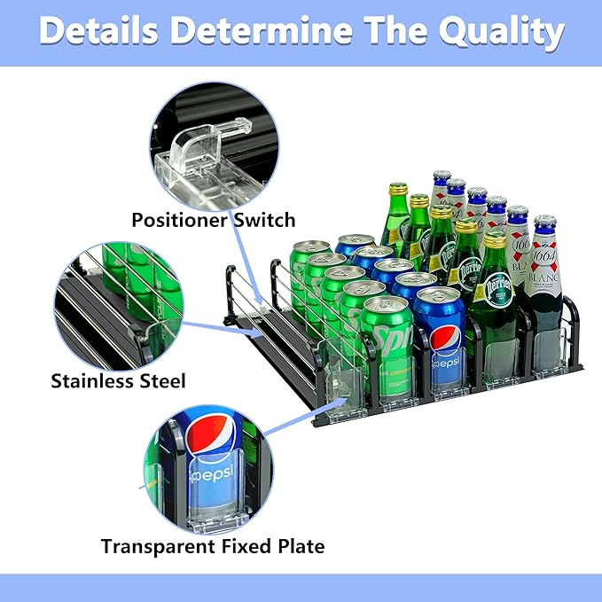 Drink Organizer for Fridge, Soda Can Organizer for Fridge, Self-Pushing Glide Drink Dispenser for Refrigerator-Holds up to 25 Cans Black (5 Rows)