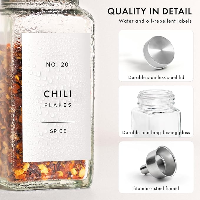 Glass Spice Jars with Label and Stainless Steel Lids (24 x 4oz) Spice Containers with 240 Labels, Shaker Inserts, Steel Funnel, Empty Square Empty Square Seasoning Organizer (White)