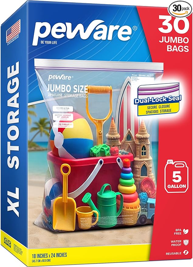 Large Storage Bags, 18"x24" Jumbo Plastic Bag, BPA Free, 5 Gallon XL Zipper Lock Baggies for Clothes Pillow Travel Moving - 30 Jumbo Bags