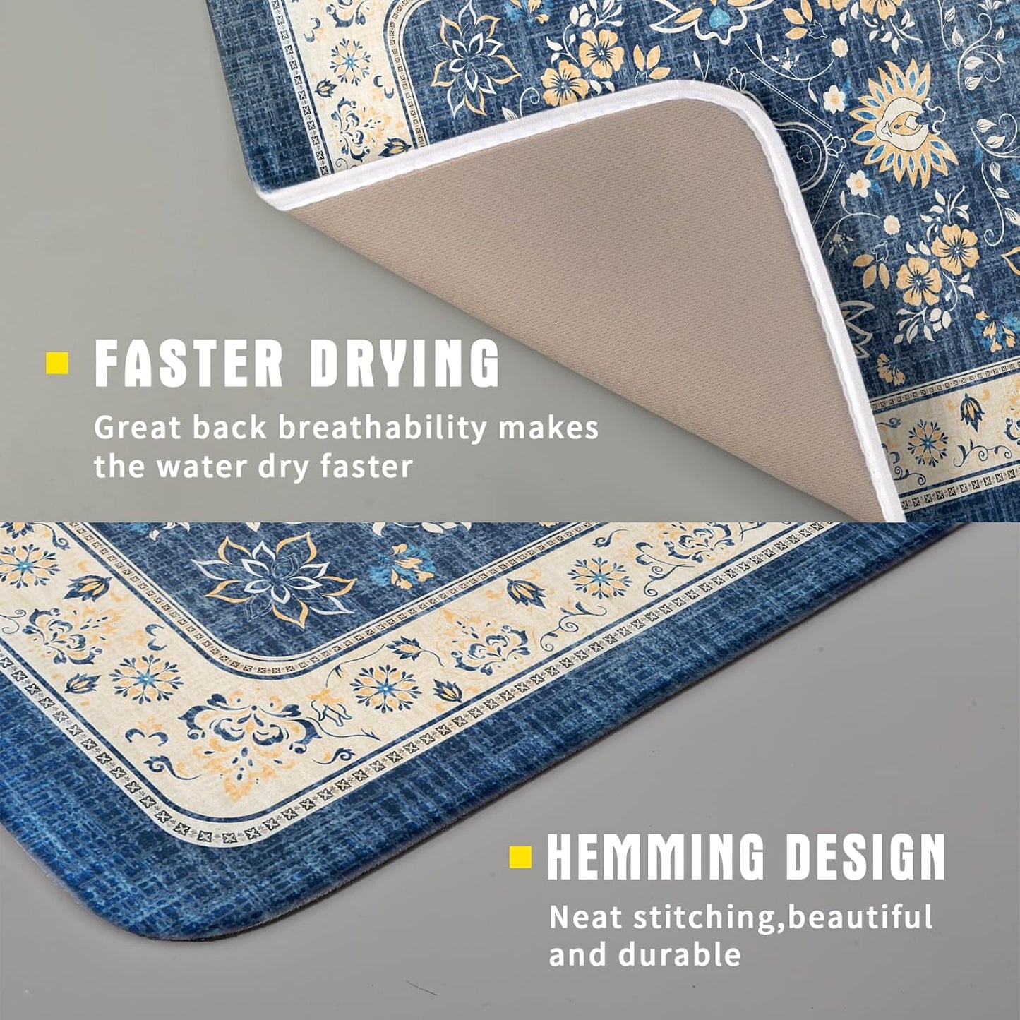 Blue Boho Dish Drying Mat for Kitchen Counter 16x18 Inch Fast Dry Drying Pad Vintage Floral Dish Drainer Rack Mats Coffee Bar Accessories