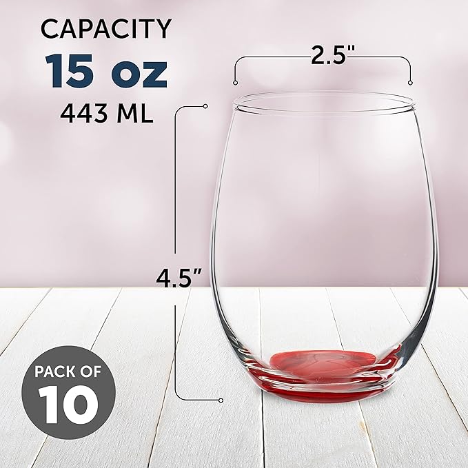 DISCOUNT PROMOS Stemless Wine Glasses in Bulk by ARC Perfection, 15 oz, 10 Pack, Red or White Wine Glass Set, Red