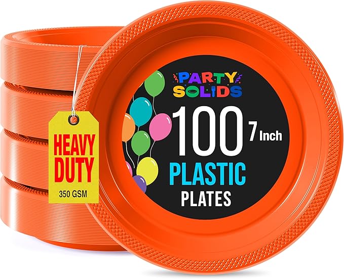 Exquisite Party Solids Orange Plastic Plates For Party 7" Orange Disposable Plates Heavy Duty Supplies 100 Pcs Plastic Dinnerware Sets Heavy Duty 350 GSM Disposable Dinnerware Set