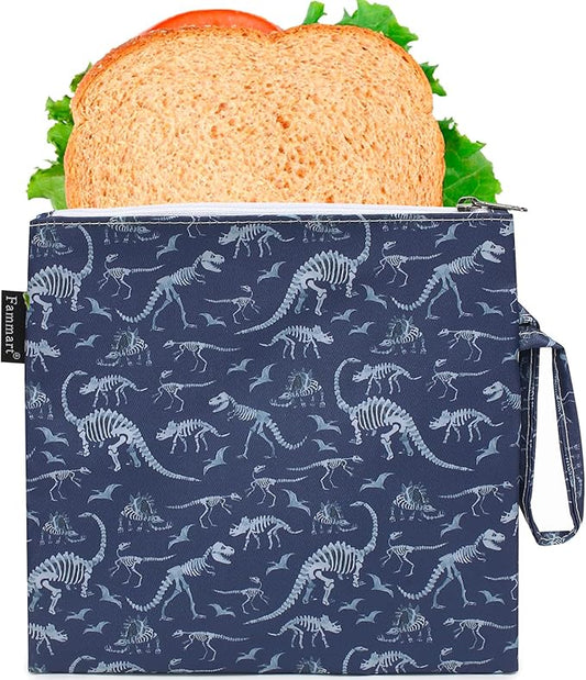 Reusable Sandwich Bag/Snack Bag for Kids & Adults, Dual Layer Lunch Bag with Handle, Washable, Food Safe, BPA Free (1-Pack, Dinosaur Fossil)