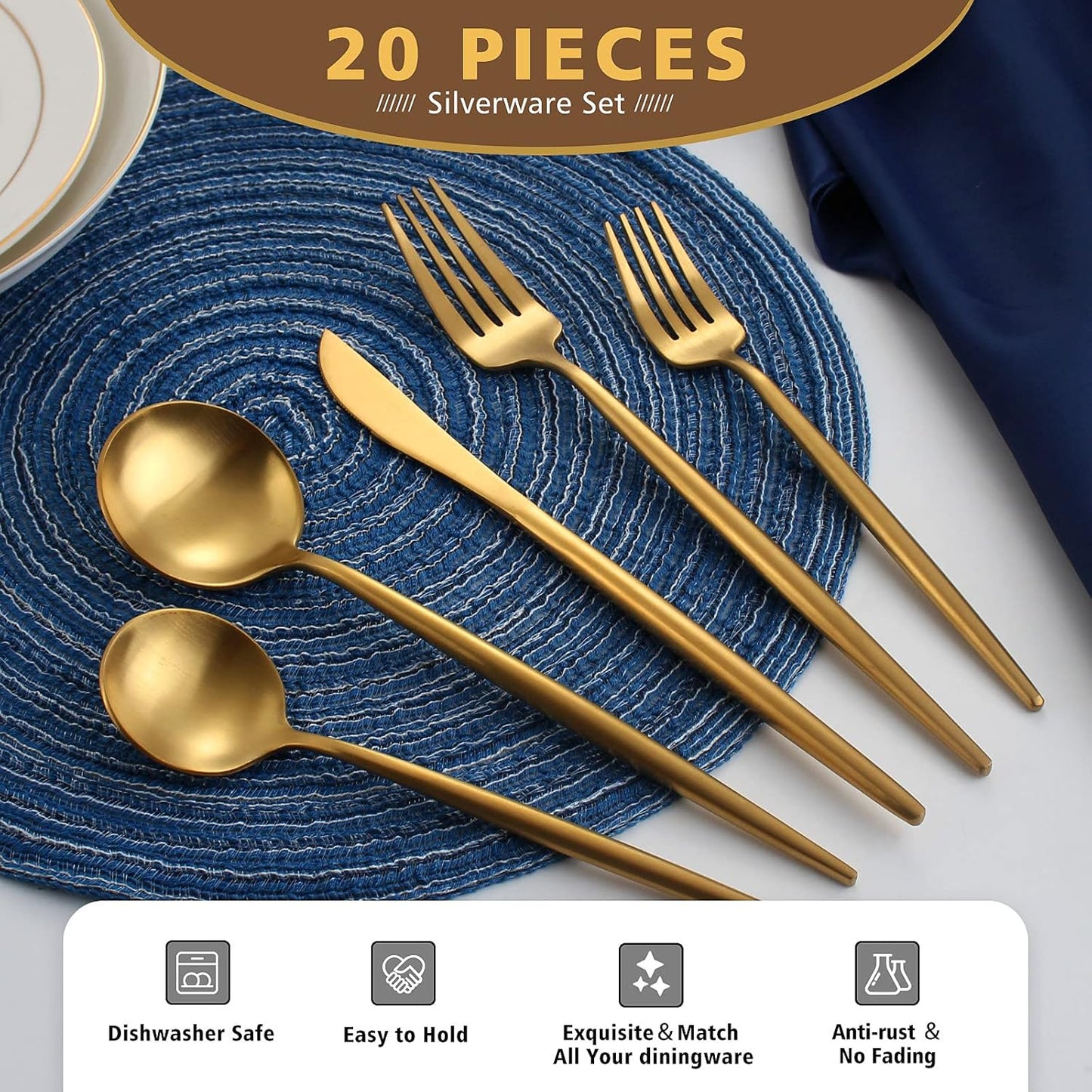 Matte Gold Silverware Set, Oliviola 20-Piece Stainless Steel Flatware Cutlery Set Service for 4, Satin Finish Kitchen Utensil Set, Dishwasher Safe