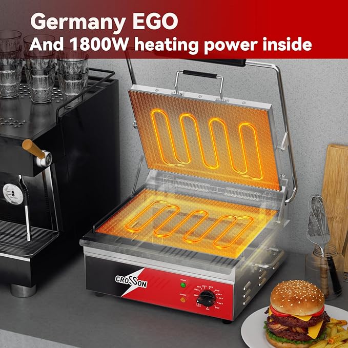 CROSSON 15"×11" Ribbed ETL Listed Commercial Electric Panini Grill,Hinged Auto Leveling Top Plate Panini Press Sandwitch Maker