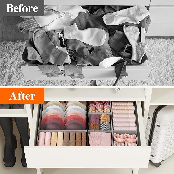Lifewit Drawer Organizer Clothes for Closet 24 Pack, 3 Sizes Underwear Wardrobe Drawer Dividers, Fabric Foldable Dresser Storage Organizer Bins for Sock, Bra, Lingerie, Undies, Grey