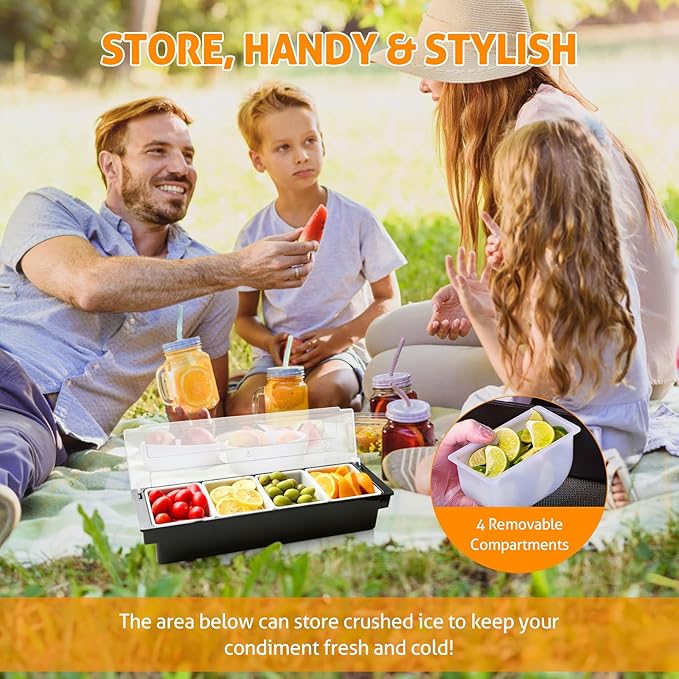 WICHEMI Fruit, Veggie & Condiment Caddy with Lid Dispenser Tray Garnish Station for Bartending & Serving Taco, Ice Cream, Salad Bar - Topping Organizer for Restaurant Supplies (4 Compartment, 2 Pack)