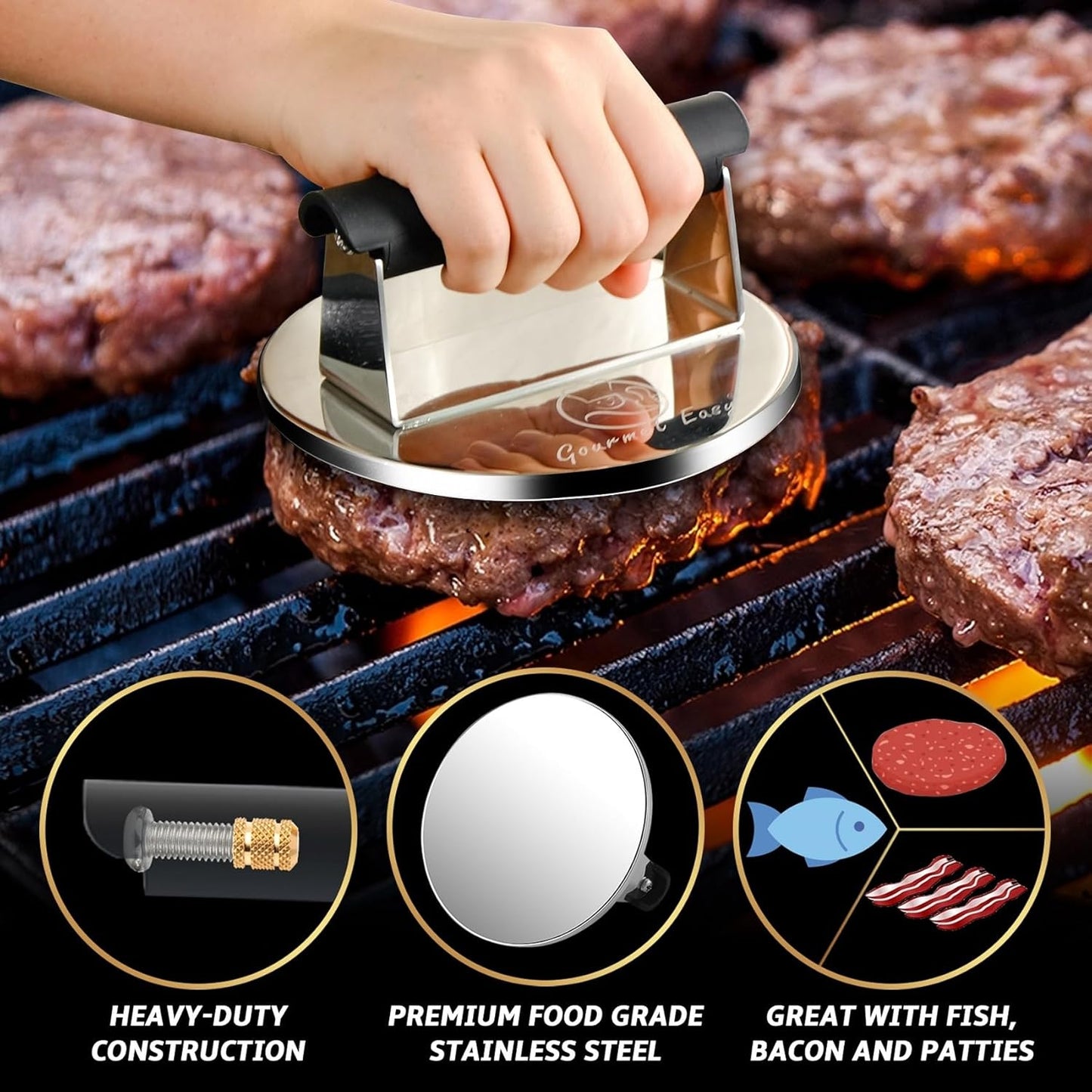 2lb Smash Burger Press Stainless Steel, Burger Smasher for Griddle Heat Resistant Handle, Hamburger Press, Dishwasher Safe Grill Press for Griddle, Meat Press Griddle Press for Flat Top Grill Cooking