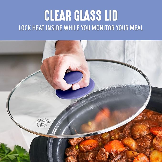 GreenLife 6 Quart Ceramic Slow Cooker, PFAS-Free, Programmable, Removable Healthy Nonstick Pot for Family Meals, Sear on Stovetop, Keep Warm, Digital Timer, Dishwasher Safe Glass Lid, Periwinkle
