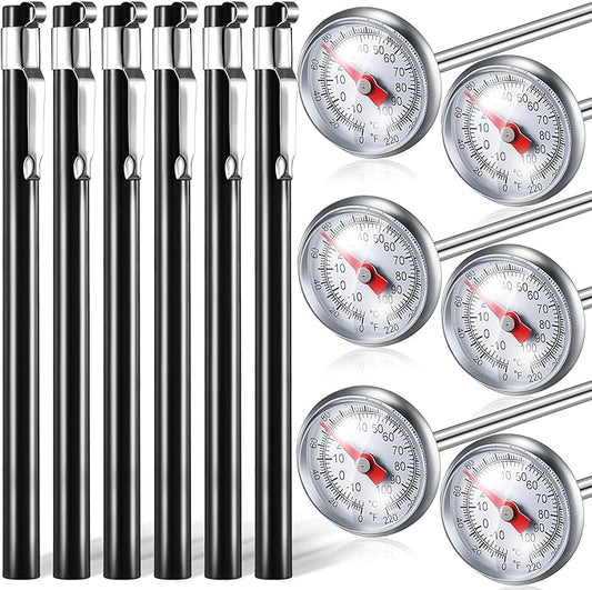 Xuhal 6 Pcs Stainless Steel Kitchen Thermometer with 5 Inch Long Stem 1 Inch Dial Thermometer Milk Frothing Food for Oven Probe Meat Grill BBQ Cooking Chocolate Water(Black)