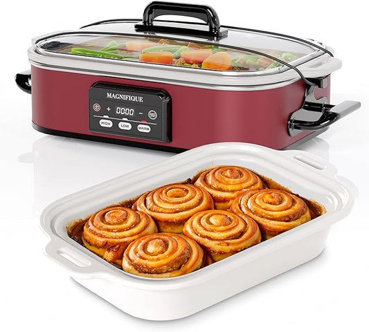 Magnifique 4 Quart Casserole Digital Slow Cooker, Premium Ceramic Bakeware for Oven, Dishwasher Safe Baking Dish, Red