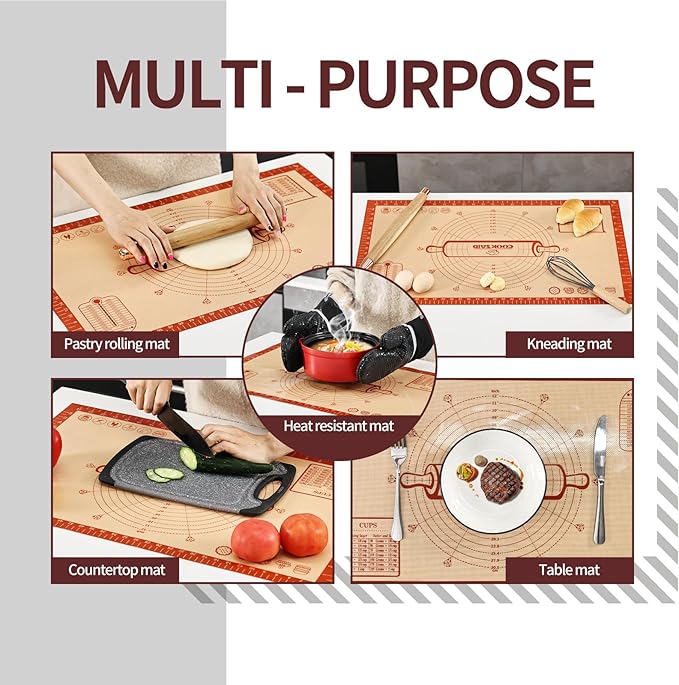 Cook's Aid Silicone Pastry Mat Extra Large with Measurements 26''x16'' for Reusable,Non-slip Silicone Baking Mat, Counter, Dough Rolling, Oven Liner,Fondant/Pie Crust, Red