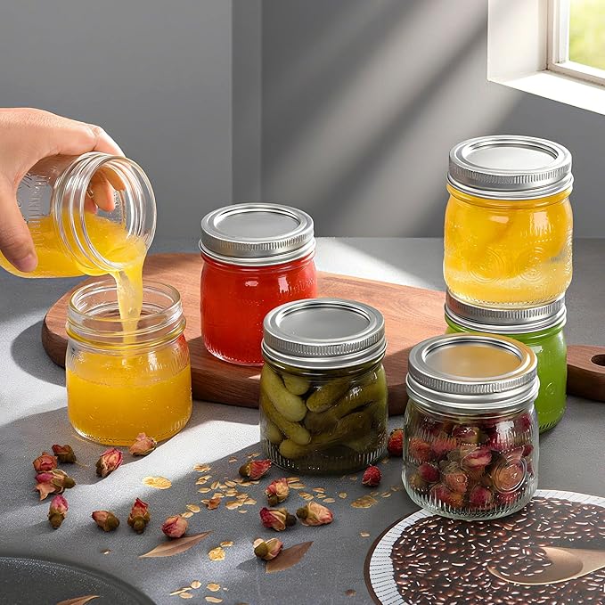 8 oz Mason Jars with Regular Airtight Lids - 24 Pack Small Mason Jars for Jam, Honey, Baby Foods, Overnight Oats, Spices, Herbs, Salads, Candles, Dessert, Party Favors, Half Pint Size Canning Jar
