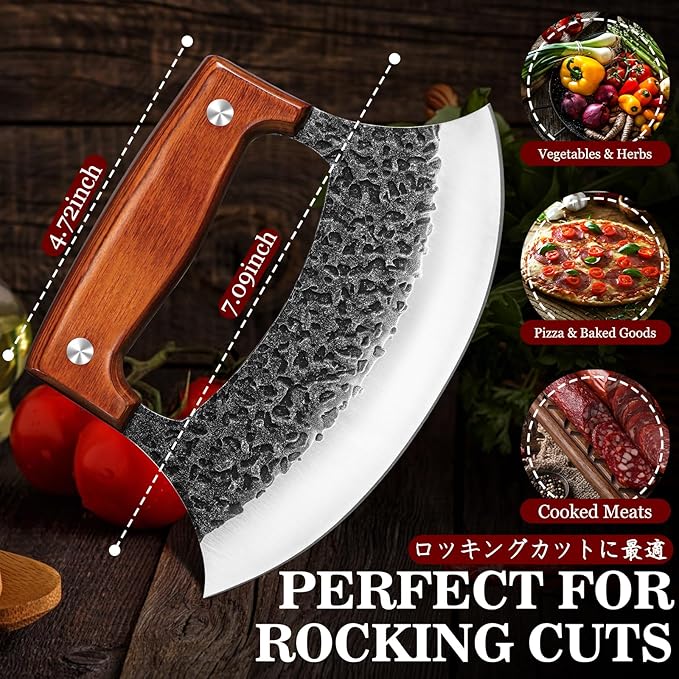 TIVOLI Hand-Forged Ulu Knife – Full Tang High Carbon Steel, Japanese-Inspired with Sheath & Gift Box, Mezzaluna Rocker Knife & Pizza Cutter for Kitchen, Camping & BBQ,Japanese Birthday Gifts for Men