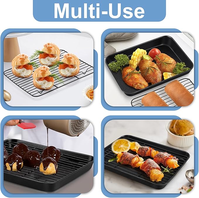 TeamFar Toaster Oven Pans with Racks Set, 9.25 x 7 x 1 Inch Carbon Steel Mini Baking Pan Tray with Rack for Roasting Cooling, Non-Toxic & Heavy Duty, Nonstick & Easy Clean, (2 Pans & 2 Racks)