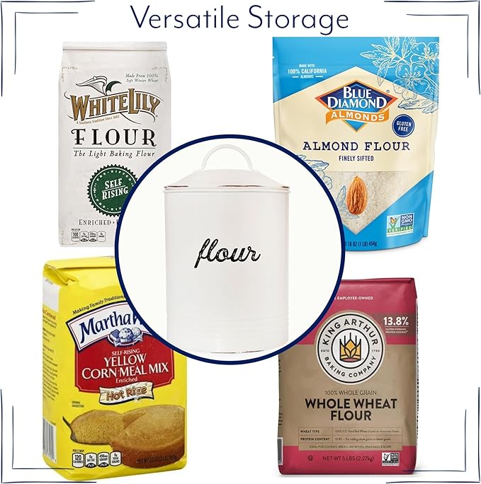 AuldHome Design Enamelware White Flour Canister; Rustic Distressed Style Staples Storage for Kitchen