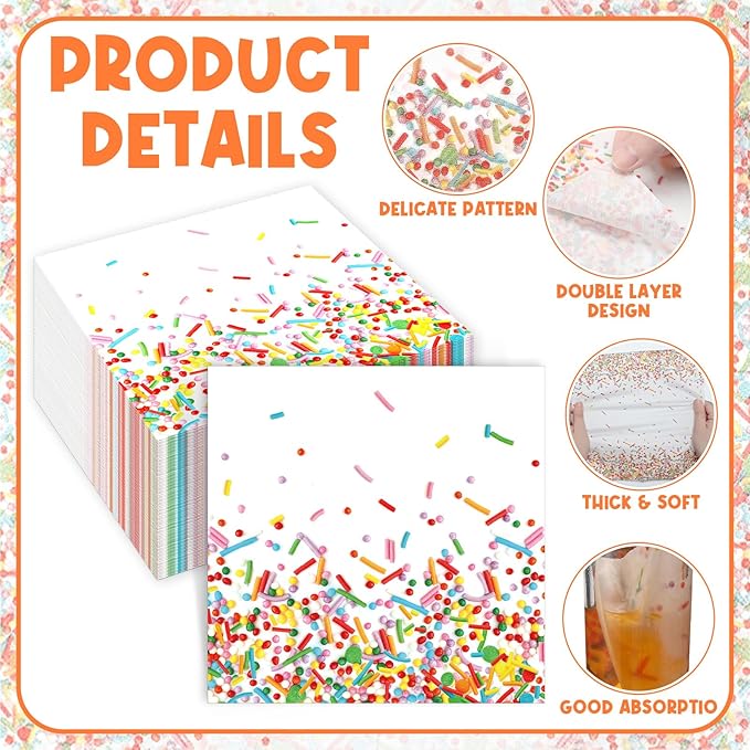 100 Pcs Sprinkles Napkins 2 Ply Disposable Paper Napkins for Baby Shower Birthday Party Theme Table Decor Supplies(White,Confetti)