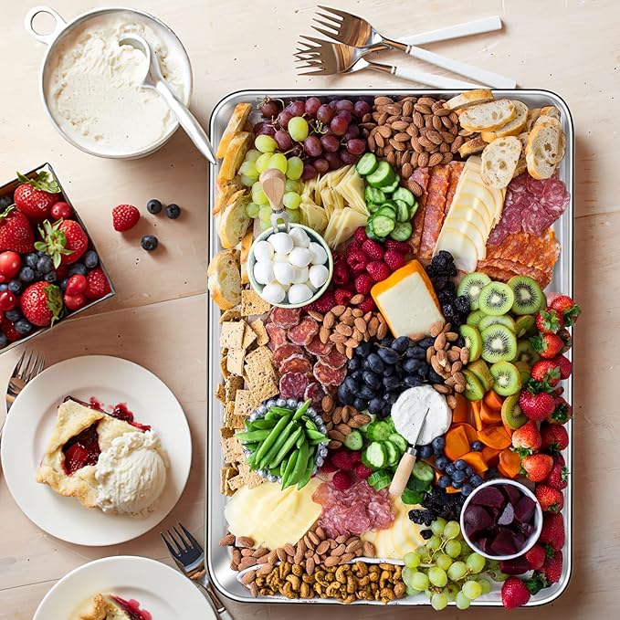 Stainless Steel Baking Sheet Set of 2, Deedro Cookie Sheet Metal Baking Pan Oven Tray, Non Toxic & Heavy Duty, Rust Free & Mirror Finish, Easy Clean & Dishwasher Safe, 17.3 x 12.3 x 1 Inch