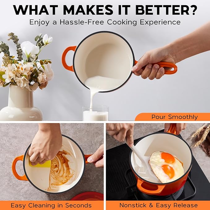 Enameled Cast Iron Sauce Pan Pot, Onader 1QT Saucepan with Lid, Small Enamel Dutch Oven Kitchen Cooking Pot – Sunset Orange